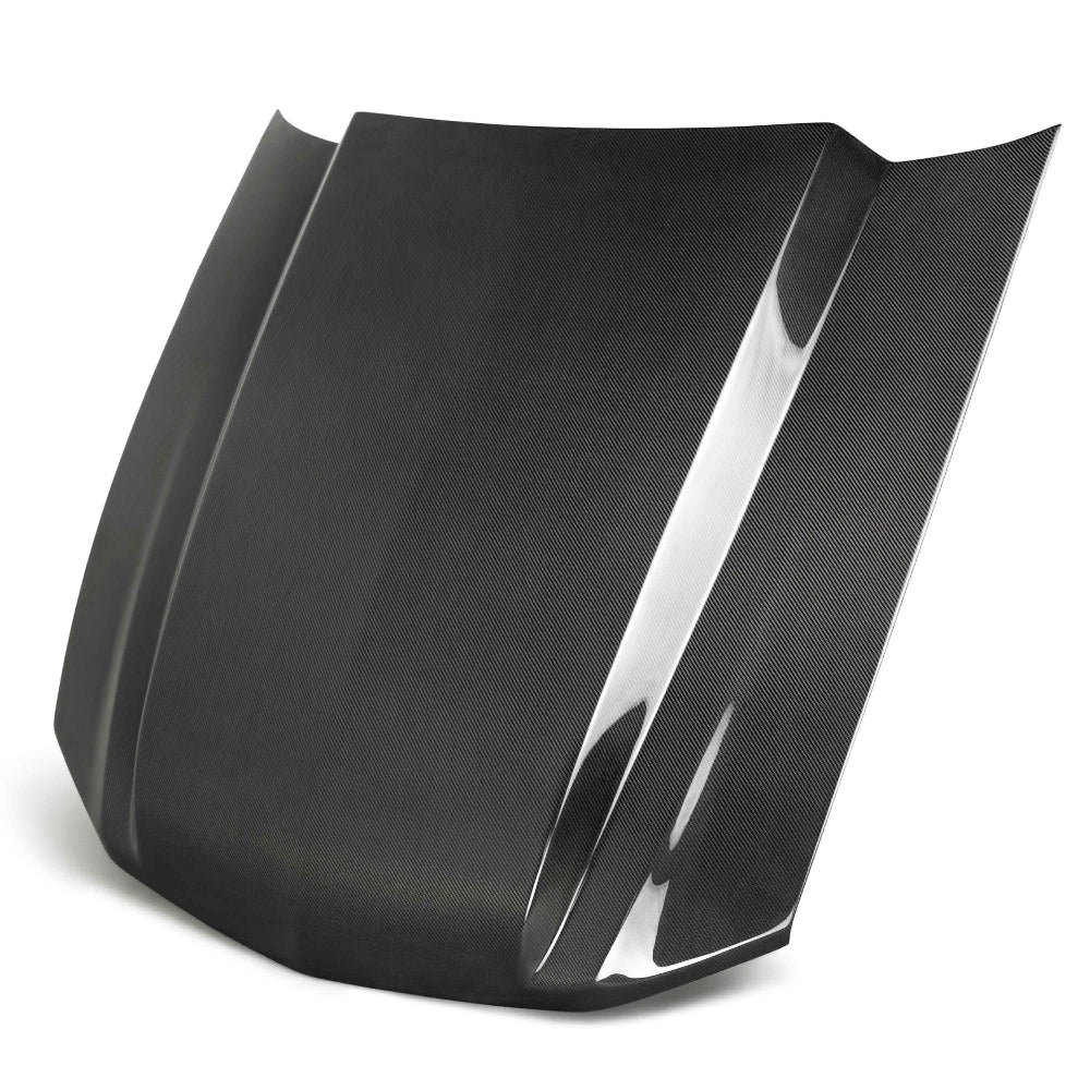 Front angle view of Anderson Composites 2010–2012 Ford Mustang Type-CJ 3" Carbon Fiber Cowl Hood