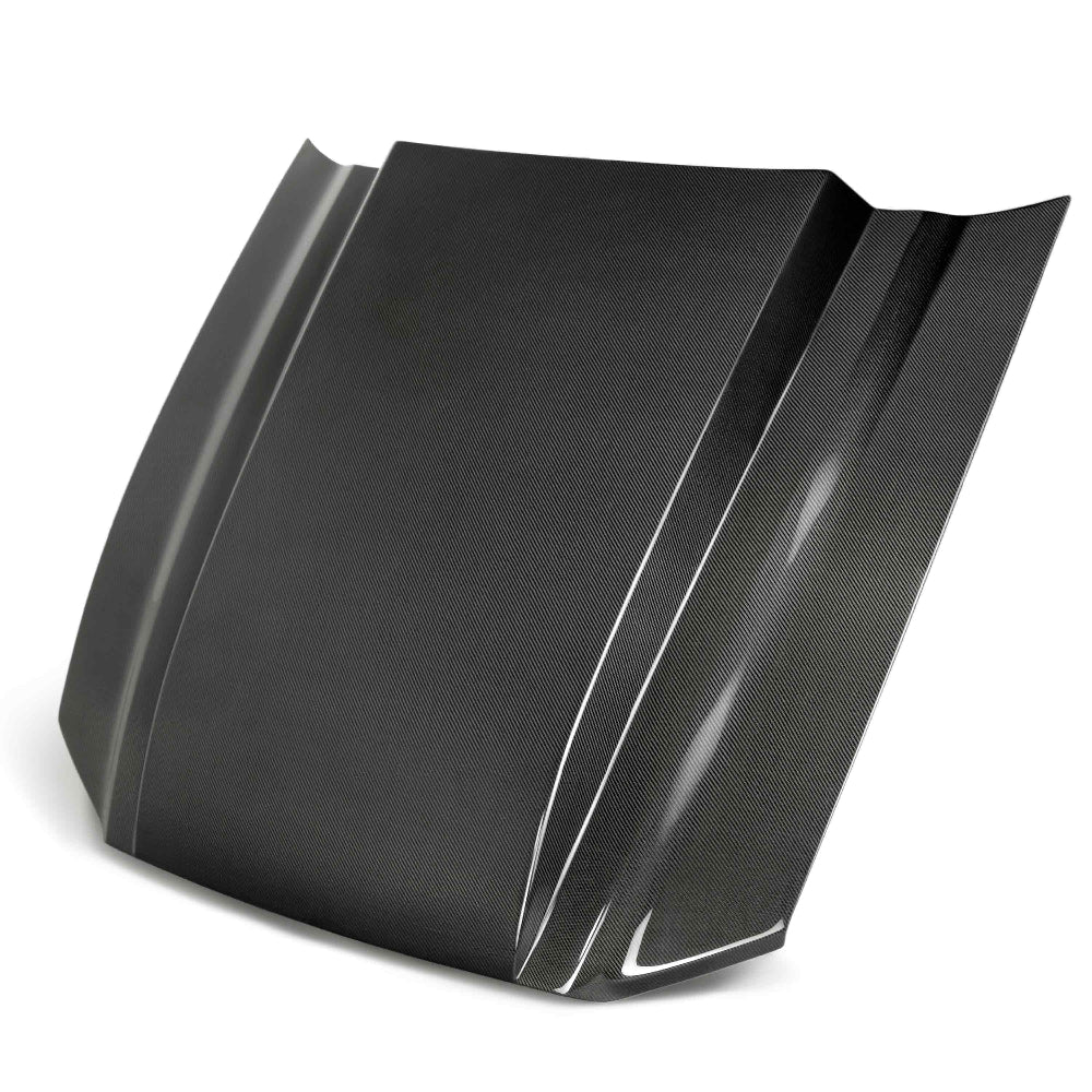 Front angled view of the Anderson Composites 2013–2014 Ford Mustang Type-CJ Carbon Fiber Cowl Hood