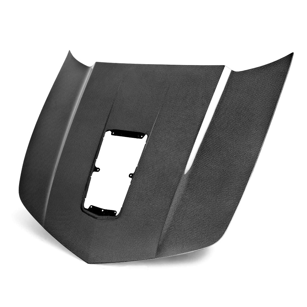 Front angle of Anderson Composites 2014–2015 Camaro Type-Z28 Carbon Fiber Hood showcasing Z/28 styling and gloss finish