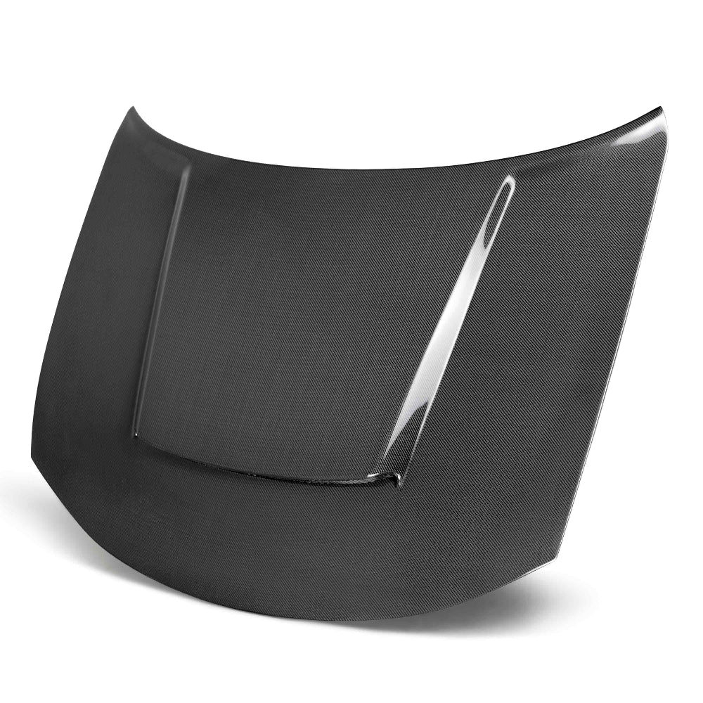 Anderson Composites 2015–2024 Dodge Charger Type DM Demon Style Carbon Fiber Hood – front view highlighting aggressive scoop.