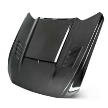 Load image into Gallery viewer, Anderson Composites Ram Air Double Carbon Fiber Hood for 2015–2017 Ford Mustang – front angle showing dual vents and carbon weave finish.