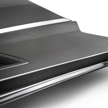 Load image into Gallery viewer, Side profile of Mustang Carbon Fiber Hood – aerodynamic curvature and uniform carbon fiber texture.