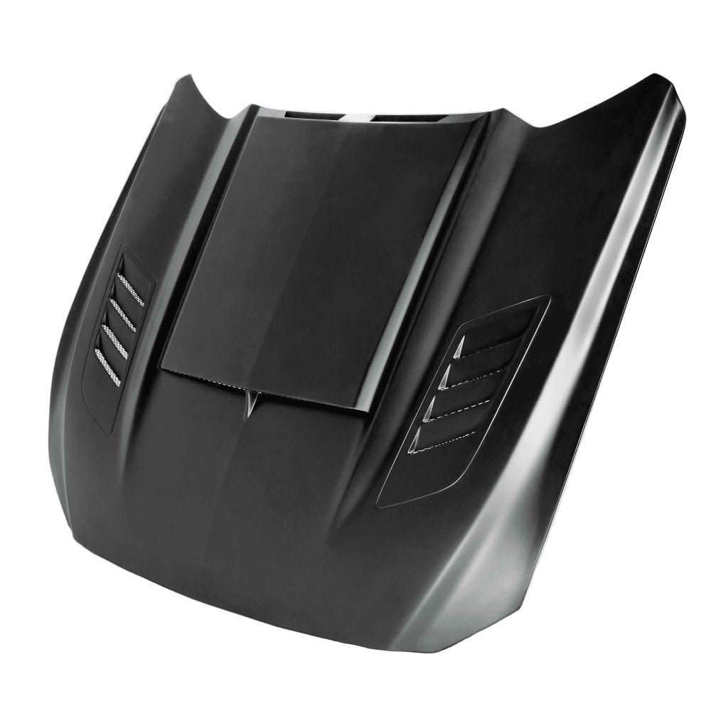 Anderson Composites Ram Air Fiberglass Hood for 2015–2017 Ford Mustang – front angle showcasing ram air vents and smooth fiberglass finish.