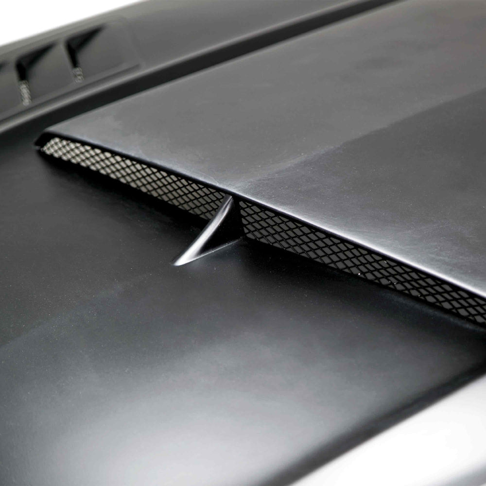 Close-up of Anderson Composites Mustang Ram Air Hood – detailed view of the ram air intake duct and paintable mesh vent.