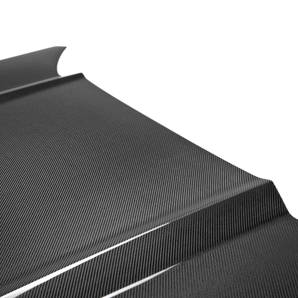 Underside of the Anderson Composites Mustang carbon fiber hood featuring bonded carbon “skeleton” structure for strength and reduced weight.