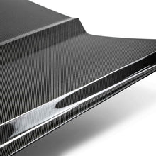 Load image into Gallery viewer, Side profile of the 2015–2017 Mustang Type-OE hood displaying OEM-style fitment and glossy double-sided carbon fiber surface.