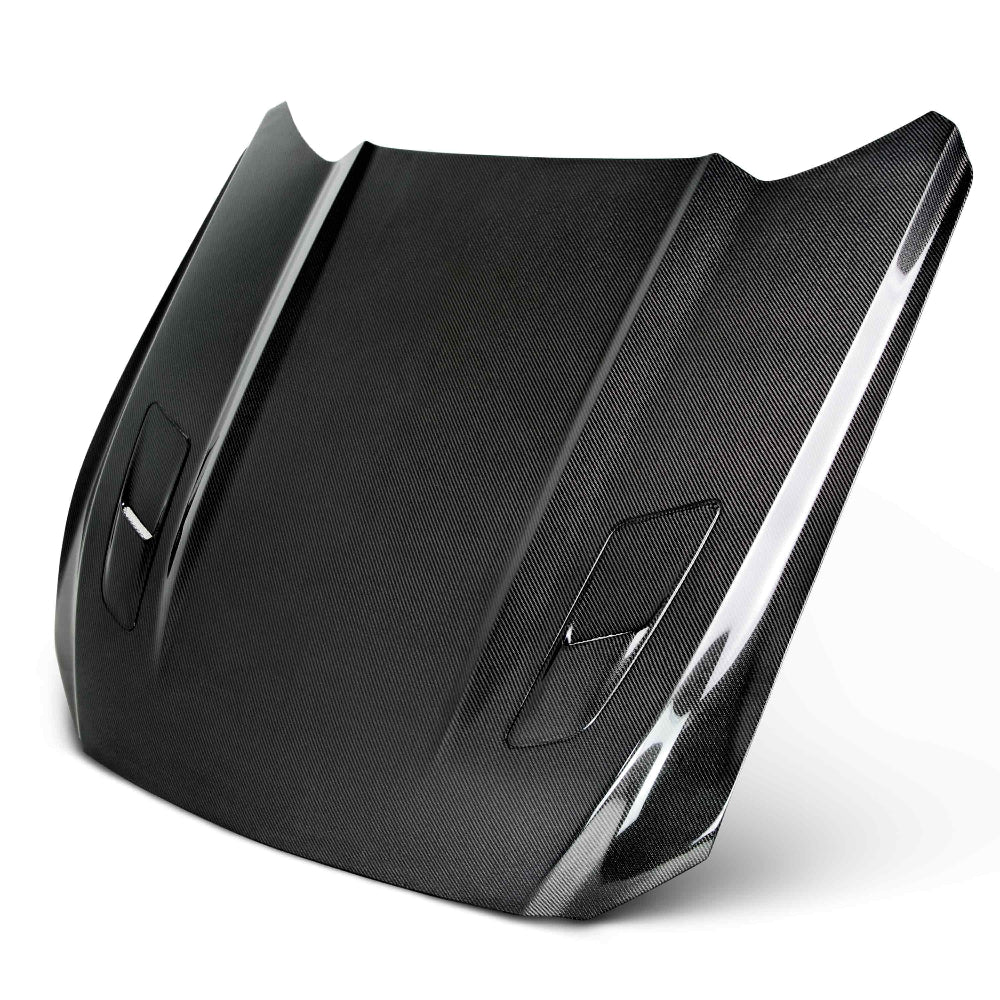 Front view of Anderson Composites 2015–2017 Mustang Type-OE Carbon Fiber Hood