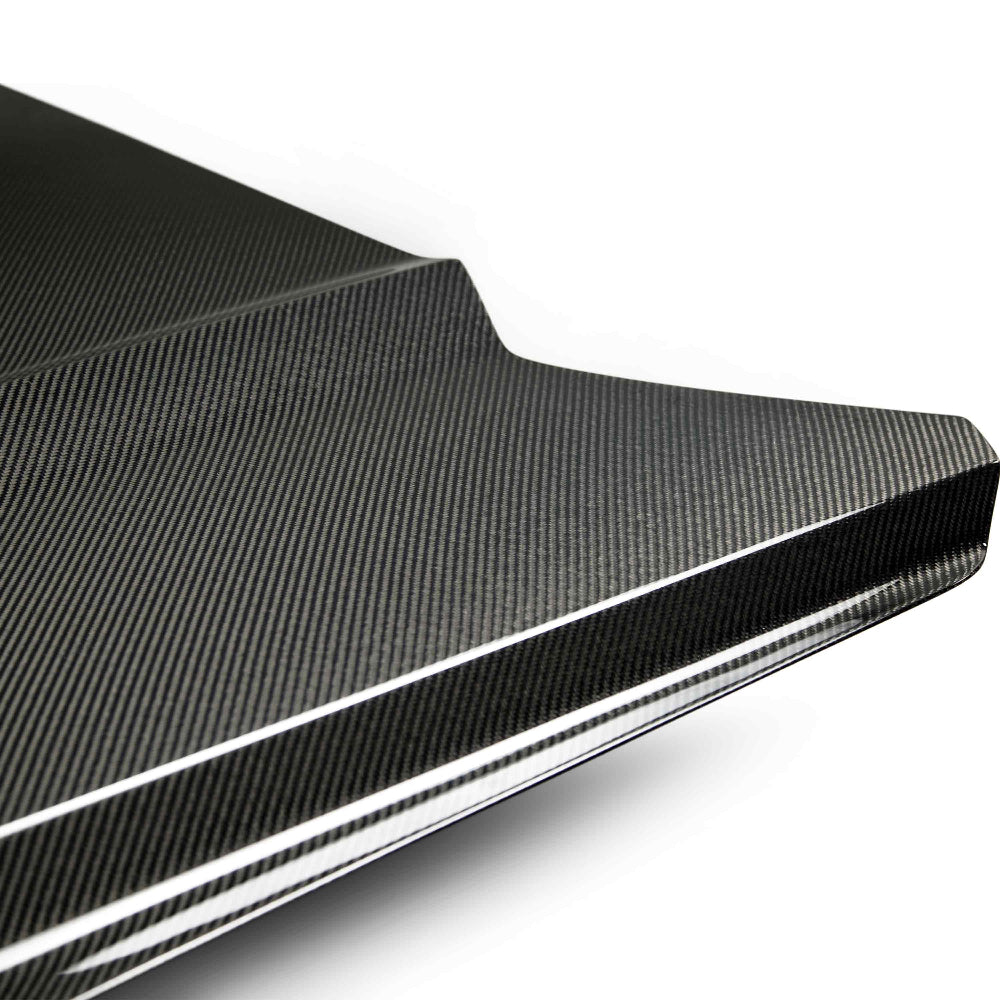 Rear angle of Anderson Composites 2015–2017 Mustang Type-OE Hood installed