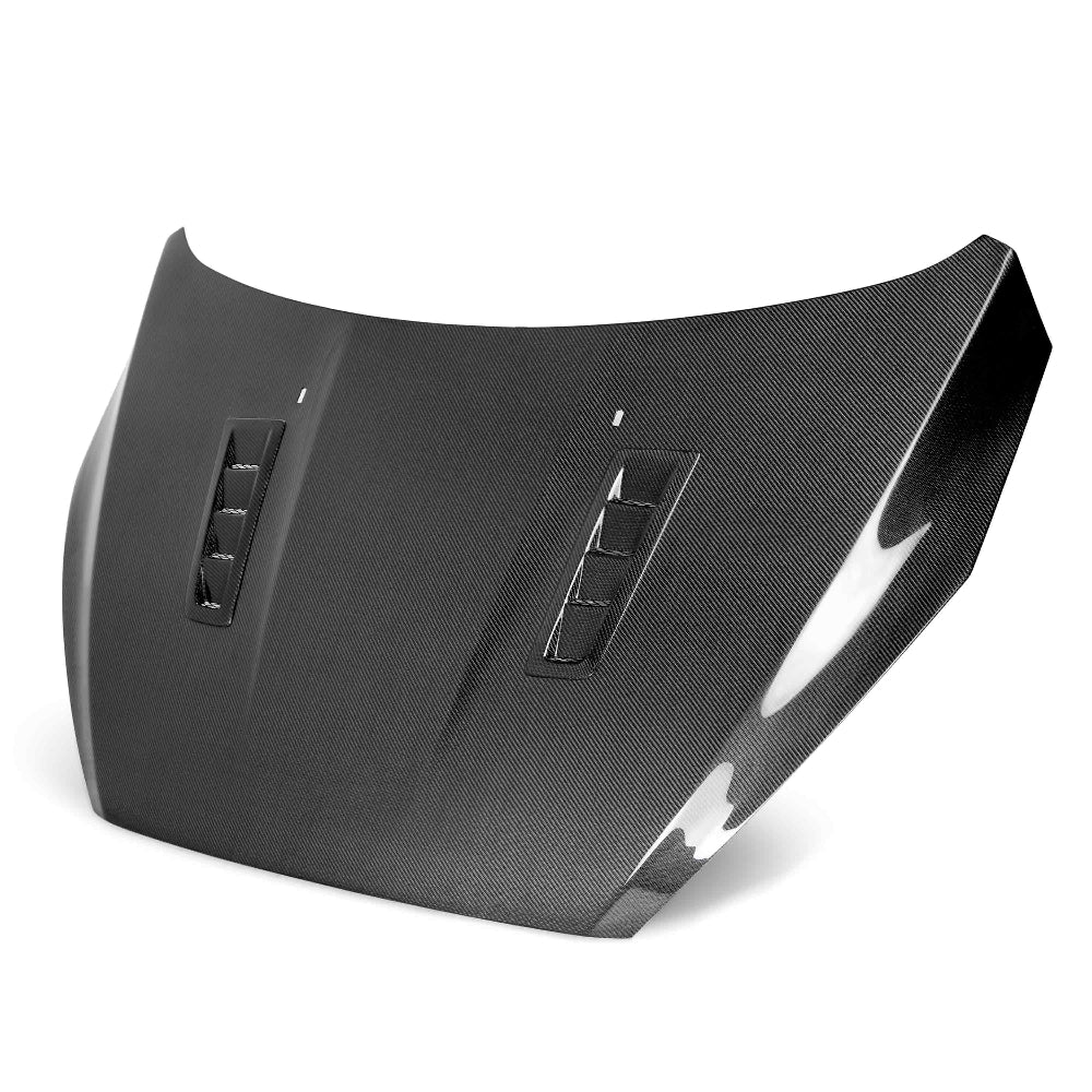 Front angle of Anderson Composites Type-RS carbon fiber hood for 2016–2018 Ford Focus RS/ST.