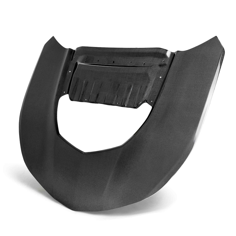 Front view of Anderson Composites Type-OE double-sided carbon fiber hood for 2017–2024 Camaro ZL1 / 1LE.