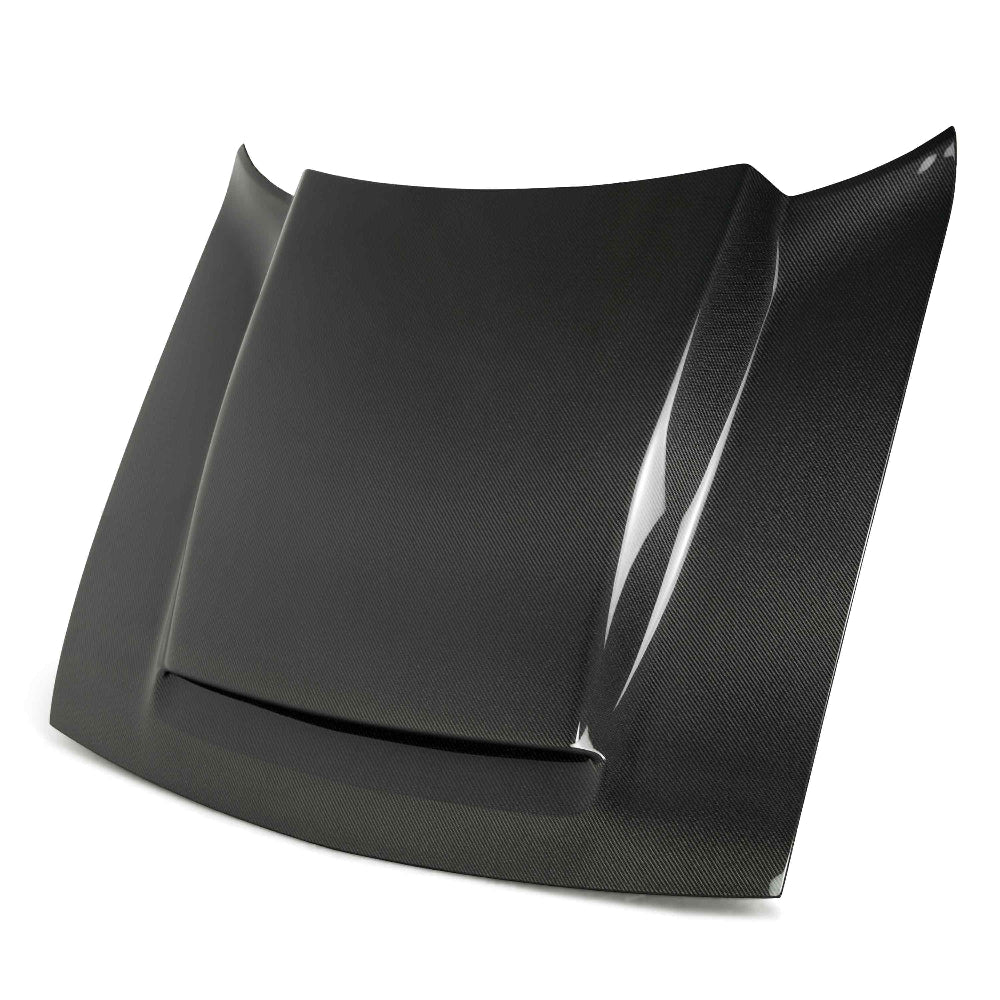 Front view of Anderson Composites Cowl-Style carbon fiber hood for 2018–2024 Dodge Demon.