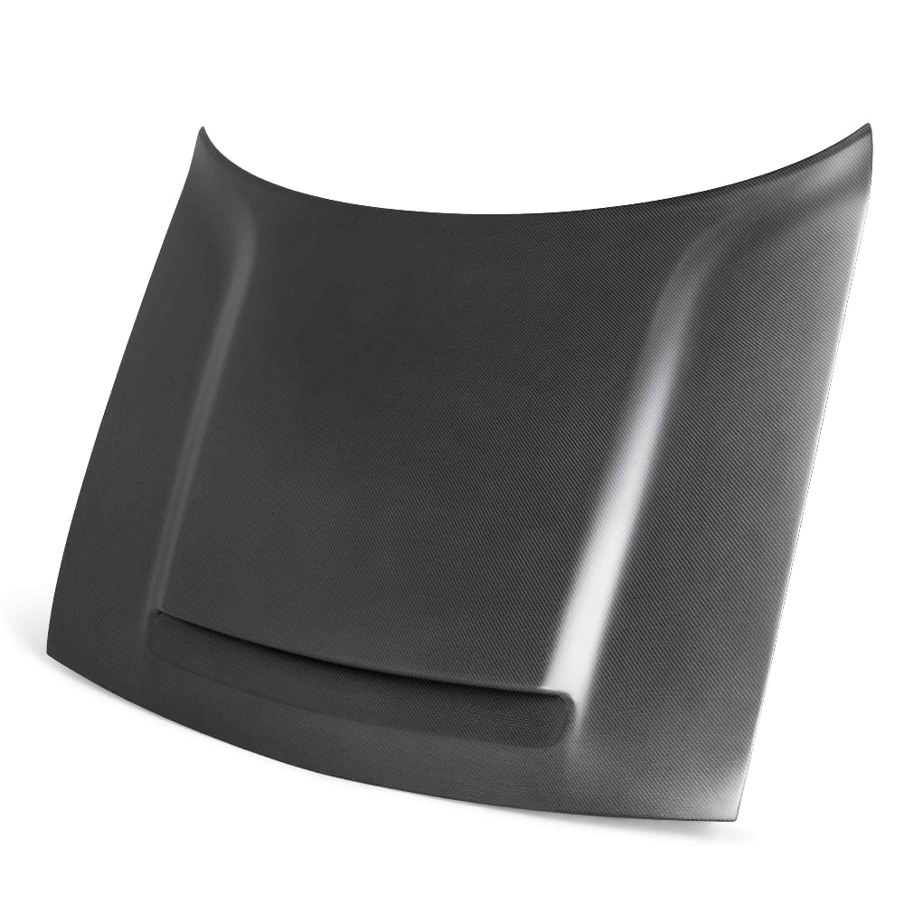 Front angled view of Anderson Composites Type-OE dry carbon fiber hood for 2018–2024 Dodge Demon.