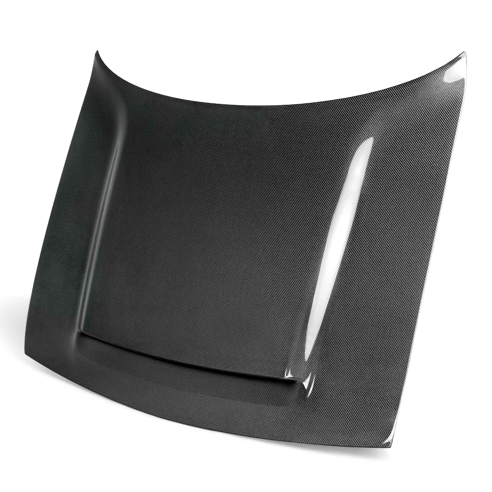 Front view of Anderson Composites Type-OE carbon fiber hood for 2018–2024 Dodge Demon.