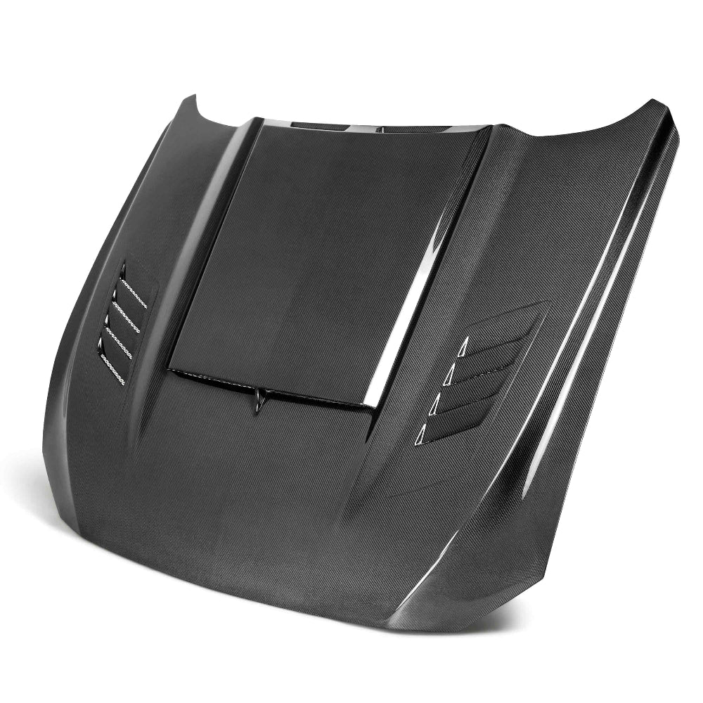 Front view of Anderson Composites Type-AB Ram Air carbon fiber hood for 2018–2023 Ford Mustang.