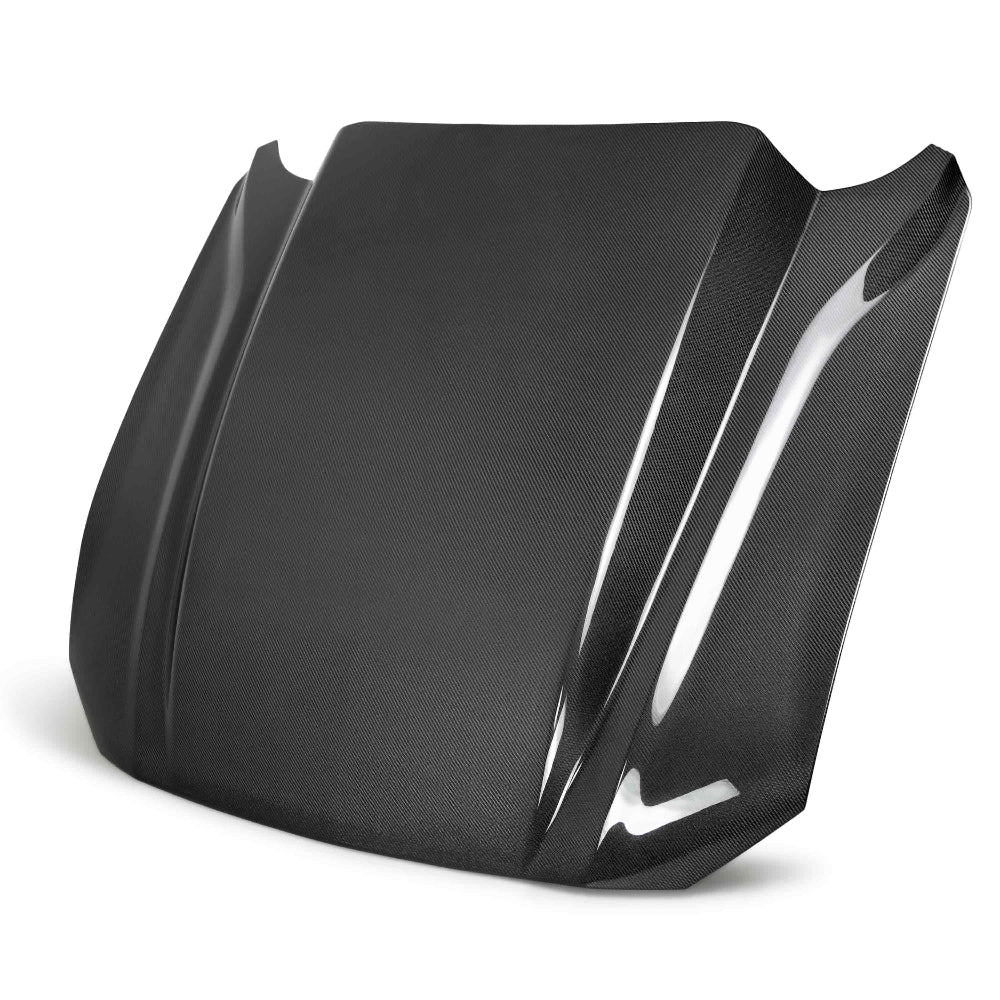 Front angle of Anderson Composites Type-CJ 4in carbon fiber cowl hood for 2018–2023 Ford Mustang.