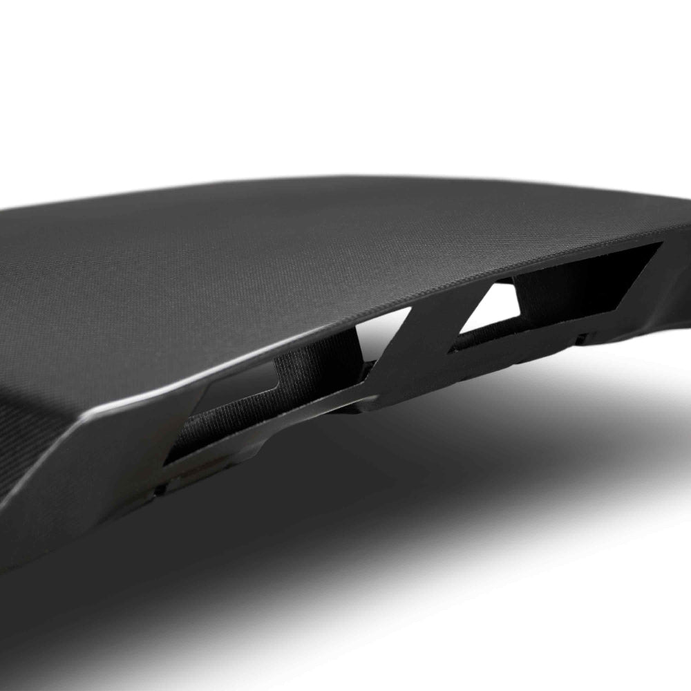 Underside detail displaying bonded carbon fiber skeleton for added rigidity.