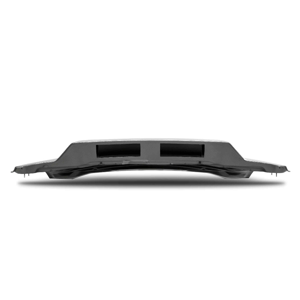 Engine bay clearance view demonstrating functional height and carbon finish underneath.