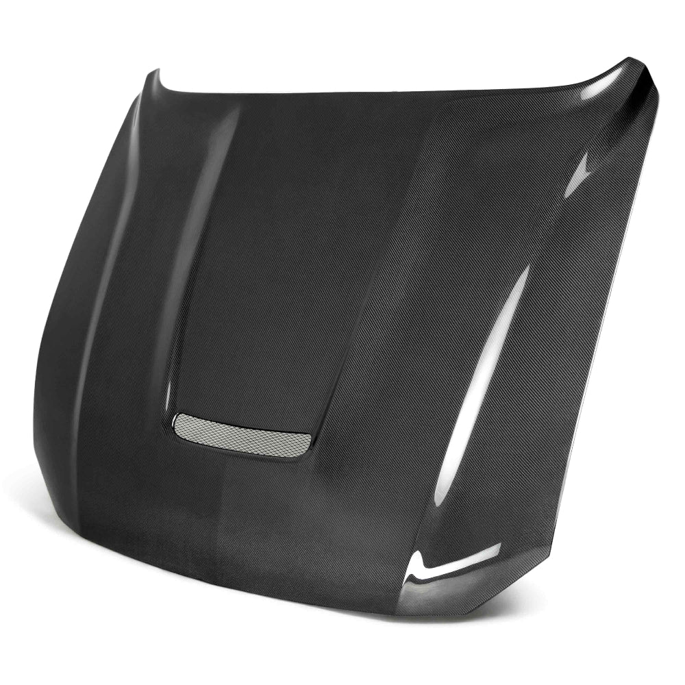 Front angle of Anderson Composites Type-GR double-sided carbon fiber hood for 2018–2023 Ford Mustang.