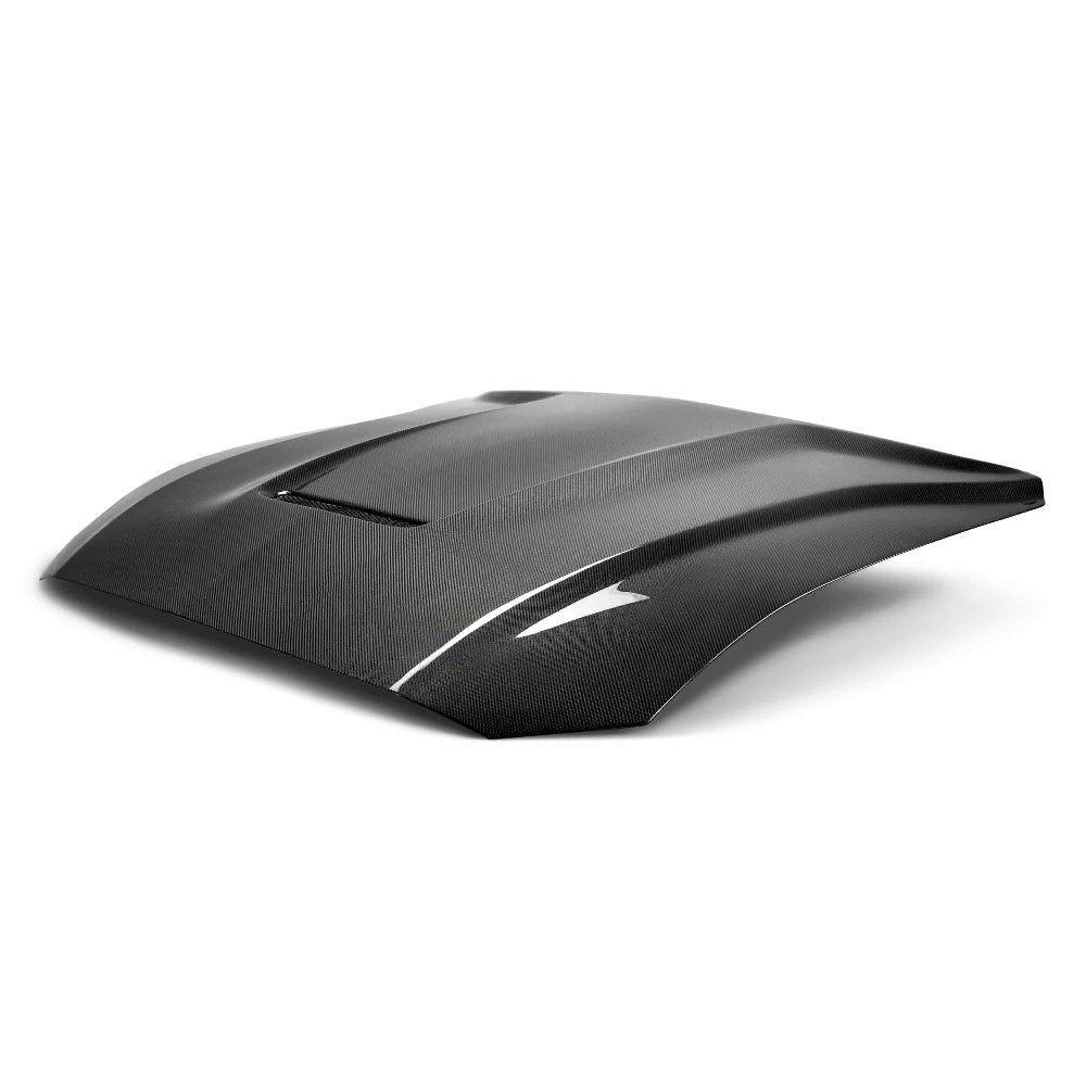 Top view showing GT350-style vent design and high-gloss carbon fiber finish.