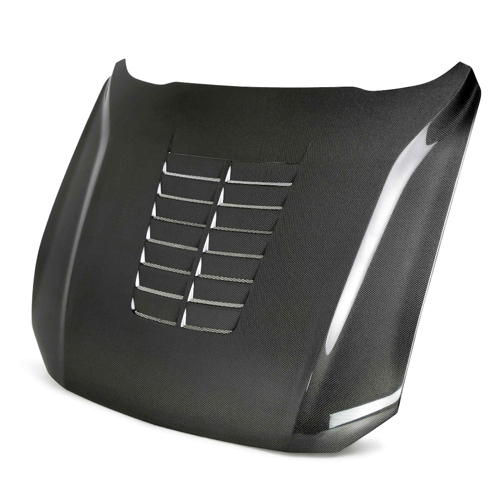 Front angled view of Anderson Composites Type-GT5 double-sided carbon fiber hood for 2018–2023 Ford Mustang.