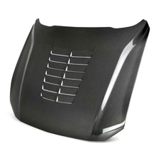 Load image into Gallery viewer, Front angled view of Anderson Composites Type-GT5 double-sided carbon fiber hood for 2018–2023 Ford Mustang.