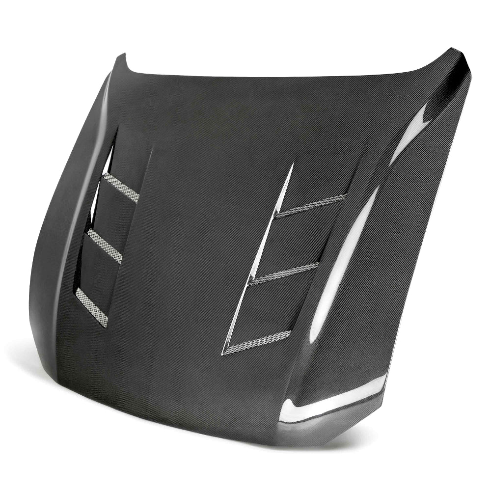 Front angle view of Anderson Composites Type-SA double-sided carbon fiber hood for 2018–2023 Ford Mustang GT.