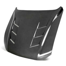 Load image into Gallery viewer, Front angle view of Anderson Composites Type-SA double-sided carbon fiber hood for 2018–2023 Ford Mustang GT.