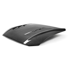 Load image into Gallery viewer, Top view showing heat extractor vents and carbon fiber weave on Type-SA Mustang hood.