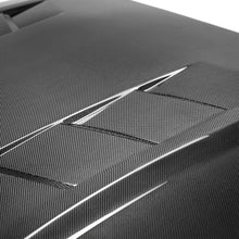 Load image into Gallery viewer, Top view showing heat extractor vents and carbon fiber weave on Type-SA Mustang hood.