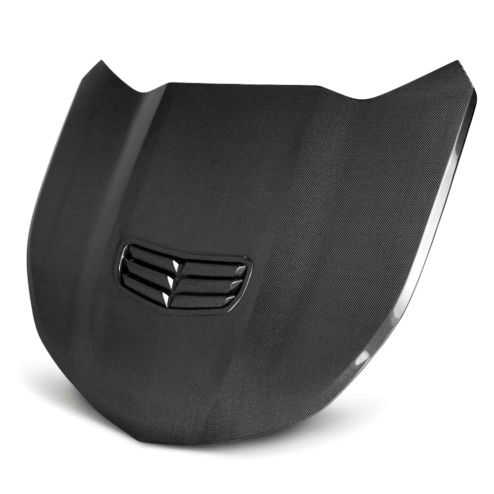 Front angle of Anderson Composites Type-OE carbon fiber hood for 2016–2024 Chevrolet Camaro.