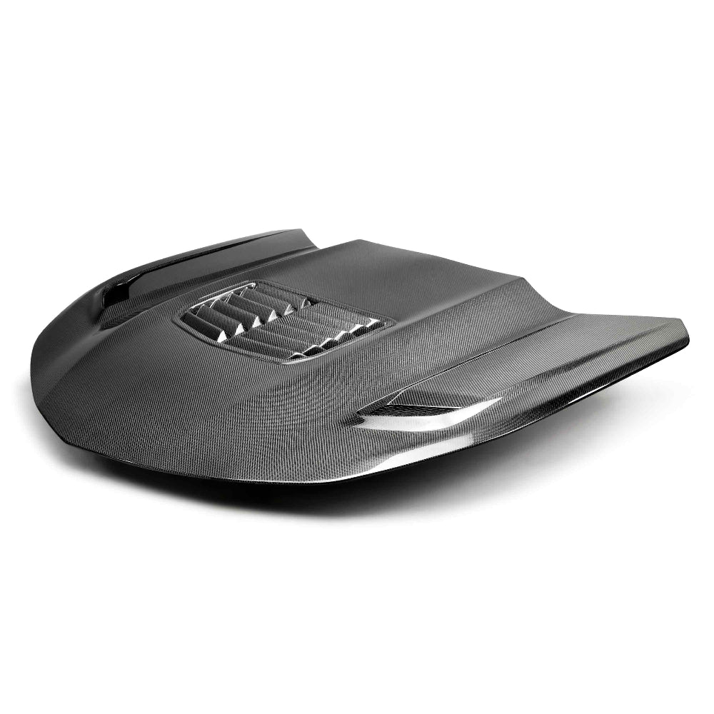 Front angle of Anderson Composites Type-T2 double-sided carbon fiber hood for 2019–2024 Chevrolet Camaro.