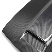 Load image into Gallery viewer, Close-up of functional air scoop and UV-gloss finish on Type-RE carbon fiber hood by Anderson Composites.