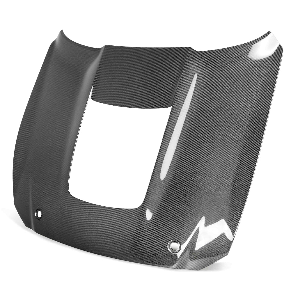 Front view of Anderson Composites 2020–2023 Mustang Shelby GT500 Double-Sided Carbon Fiber Hood