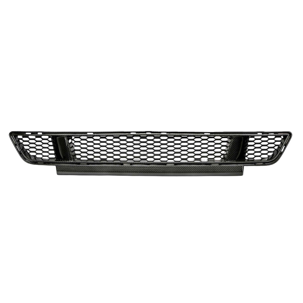 Top-down view showing detailed 3K twill carbon fiber weave on Mustang front grille