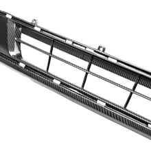 Load image into Gallery viewer, Rear perspective showing fitment tabs and OE-style mounting points for the Mustang carbon fiber grille