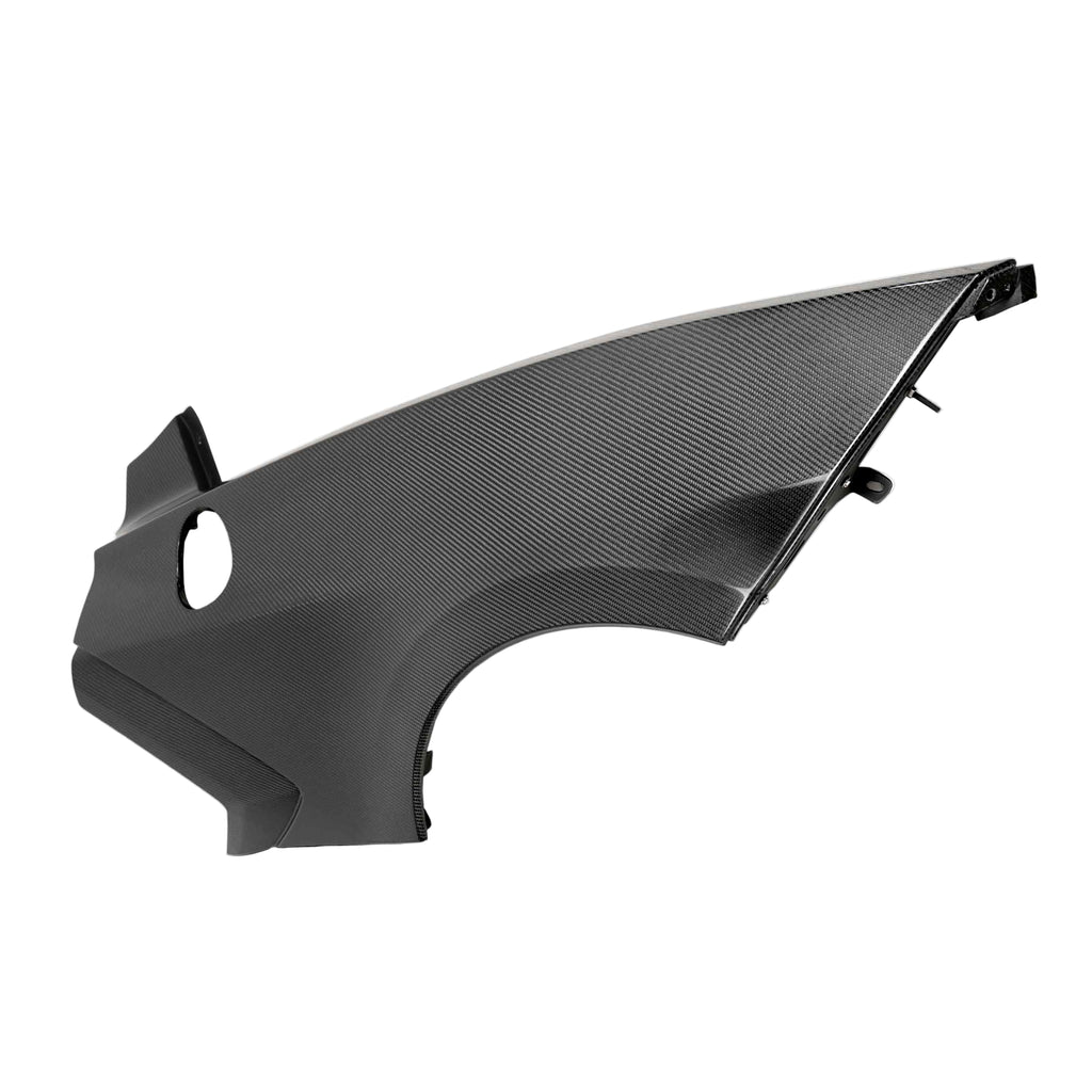 Side profile showing carbon fiber texture and fitment around wheel arch