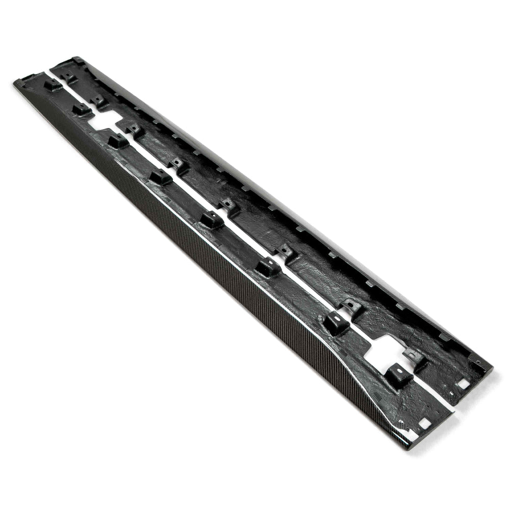 Anderson Composites Type-OE carbon fiber rocker panel splitters for 2015–2023 Ford Mustang — side profile showing OEM fitment and gloss finish.