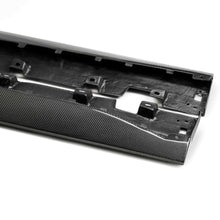 Load image into Gallery viewer, Pair of GT350-style carbon fiber rocker splitters for 2015–2017 Ford Mustang laid flat, highlighting curvature and precision fitment.