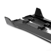 Load image into Gallery viewer, Pair of carbon fiber rocker panel splitters for 2015–2020 Shelby GT350 laid flat to show contour and edge detailing.