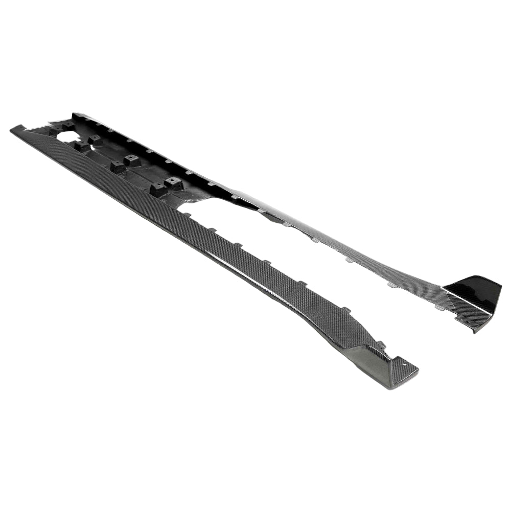 Front-side view showing Anderson Composites Carbon Fiber Rocker Panel Splitters on 2020–2023 Shelby GT500 with gloss 3K 2x2 weave.