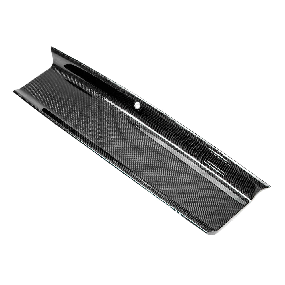 Front angle showing Anderson Composites Carbon Fiber Decklid Panel (No Emblem) for 2015–2023 Ford Mustang with gloss 3K 2x2 weave.