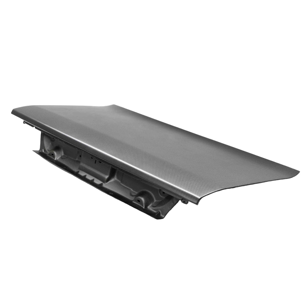 Front angle showing Anderson Composites Type-OE Dry Carbon Decklid for 2008–2024 Dodge Challenger with matte pre-preg 3K 2x2 weave finish.