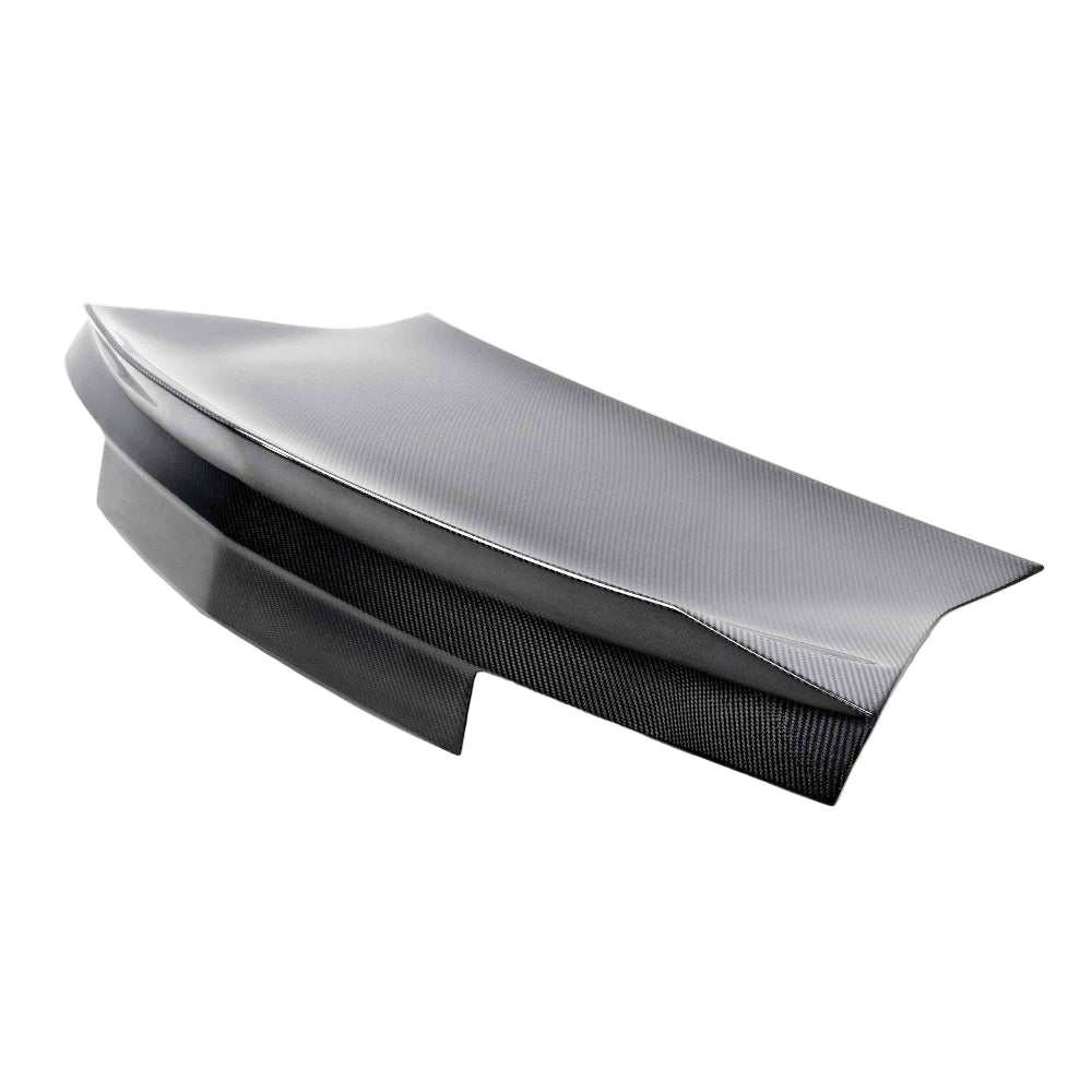 Front angle showing Anderson Composites Type-ST Carbon Fiber Decklid for 2010–2013 Chevrolet Camaro with integrated spoiler and gloss 3K 2x2 twill weave.