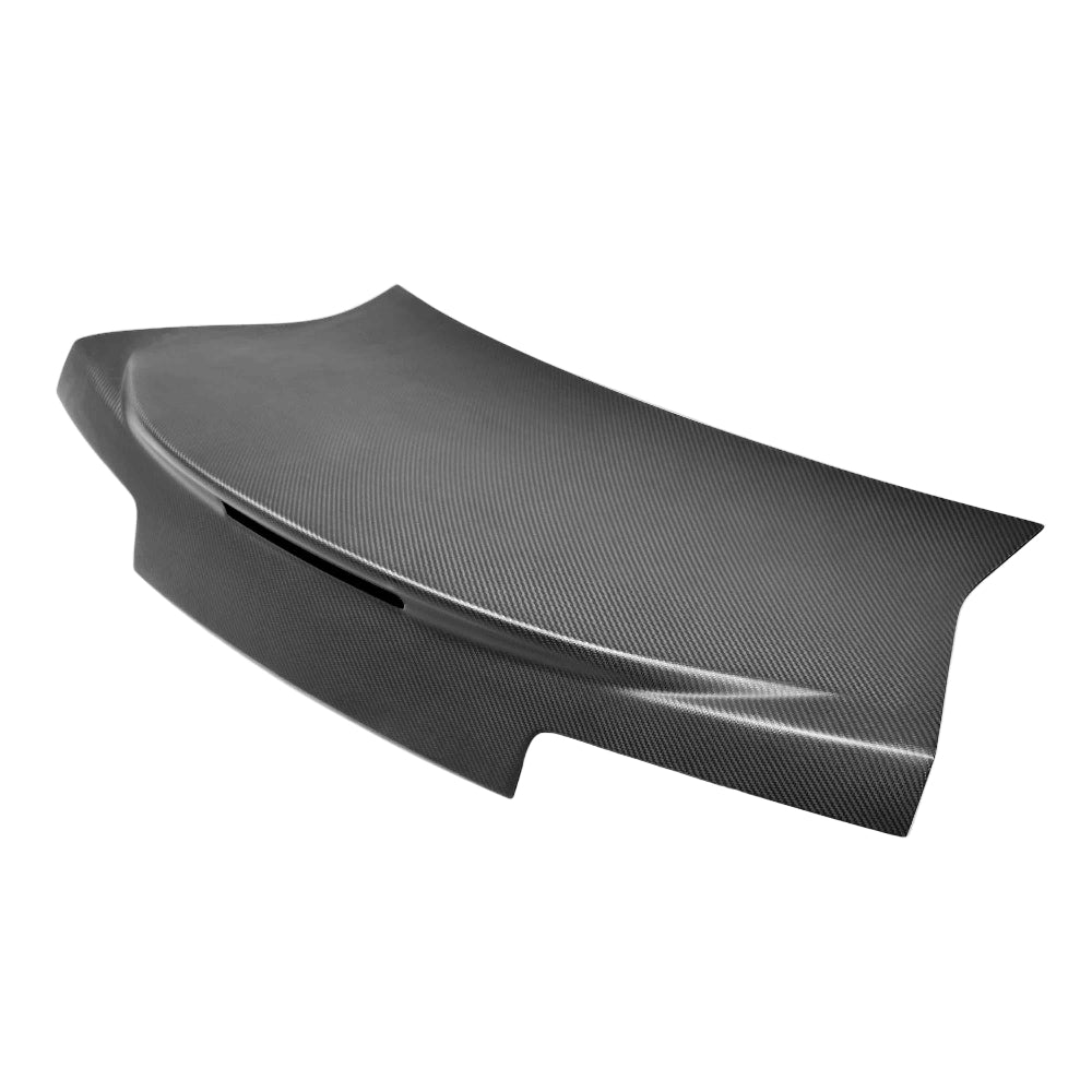 Front angle of Anderson Composites 2014–2015 Chevrolet Camaro Type-OE Dry Carbon Decklid showing autoclaved 3K 2x2 twill weave finish.