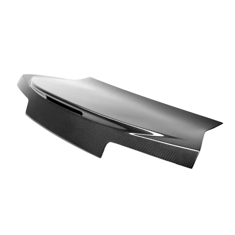 Front angle of Anderson Composites 2014–2015 Chevrolet Camaro Type-OE Dry Carbon Decklid showing autoclaved 3K 2x2 twill weave finish.