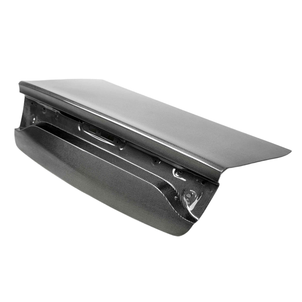 Anderson Composites OE Carbon Fiber Decklid for 2015–2023 Dodge Charger — front view showing high-gloss 3K twill weave.