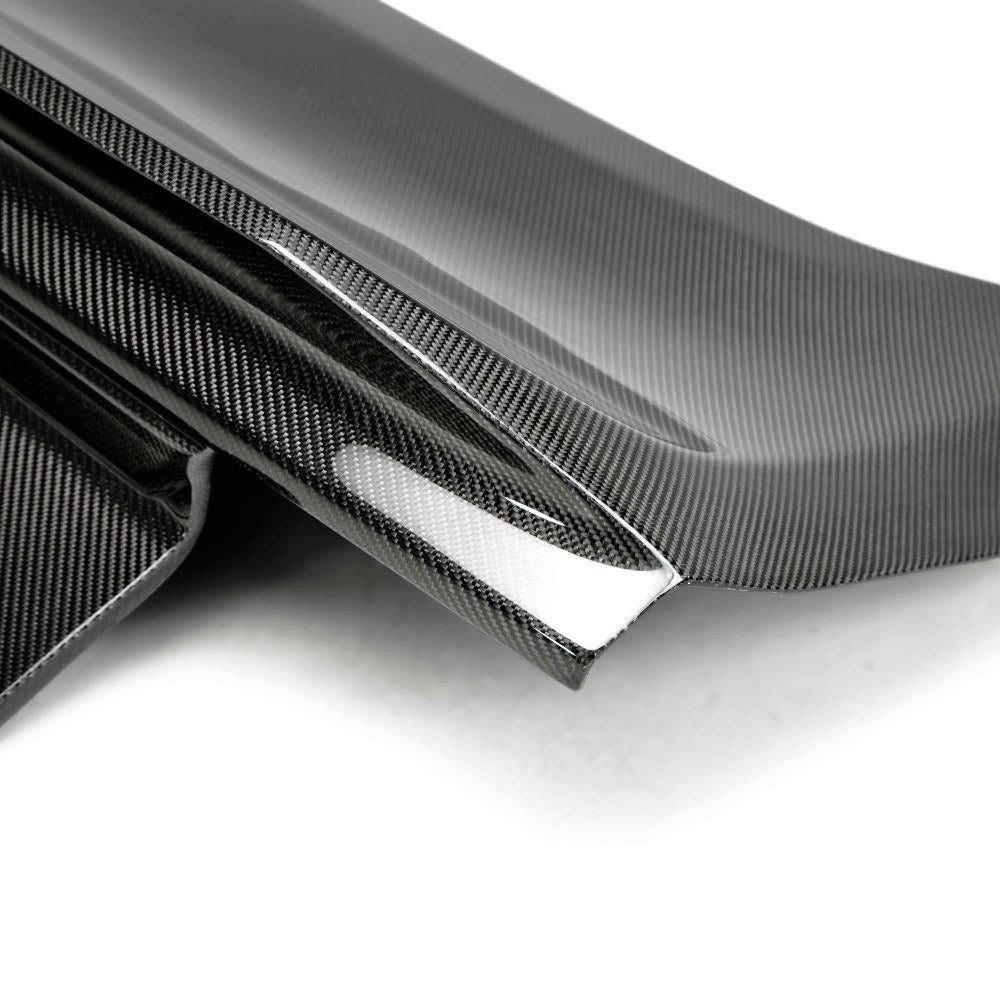 Underside view of the Anderson Composites Mustang Type-ST Double-Sided Carbon Fiber Decklid showing the bonded carbon fiber skeleton structure for maximum strength.