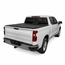 Load image into Gallery viewer, Access LOMAX hard tri-fold tonneau cover for Chevy Silverado and GMC Sierra 1500 5ft 8in bed with CarbonPro in black urethane finish.