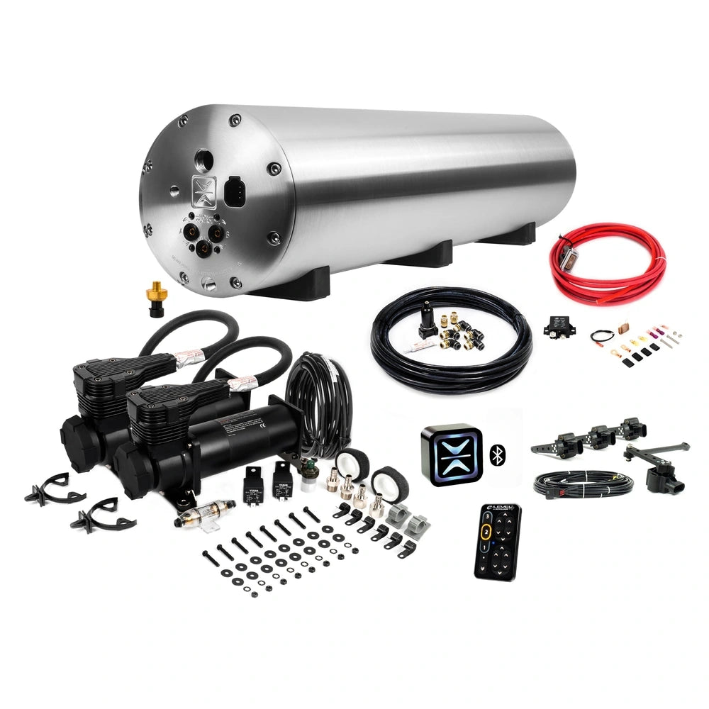 AccuAir Ultimate air suspension management package with ENDO-VT tank, dual VIAIR compressors, e-Level+ controls and height sensors on white