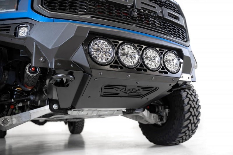 Addictive Desert Designs 17-20 Ford F-150 Raptor Bomber Front Bumper w/ 4 Rigid 360 6in Round Mounts - Black Ops Auto Works
